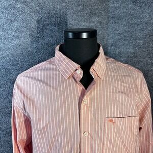 Tommy Bahama Shirt Men's Large Newport Coast Button Up Flip Cuff Salmon Blue